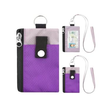 Imagem de Carteira minimalista com bloqueio de RFID com cordão, capa funcional para identidade com 2 bolsos com zíper e chaveiro para homens e mulheres, porta-cartões com crachá tático, porta-moedas para