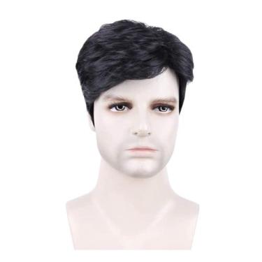 Imagem de Peruca curta preta ondulada, cosplay para homens, estilo realista em c