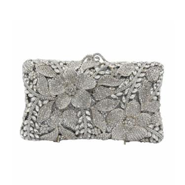 Imagem de DKQXEIM Bolsa feminina elegante floral de cristal para noite com flores brilhantes com strass bolsa de diamante para festa de formatura de casamento, Prata, 8.0 x 4.8 x 2.4 inches