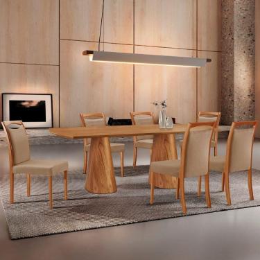 Imagem de Mesa Noronha 180cm Tampo Laminado Barril Com 6 Cadeiras Livi Linho Palha Imbuia Natural