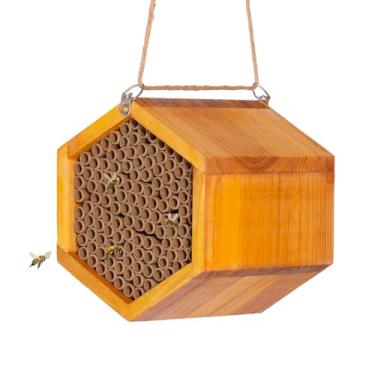 Imagem de Mason Bee House - Colmeia de abelha de madeira natural feita à mão revestida com cera para à prova d'água e longa vida útil - atrai polinizadores de abelhas pacíficos para o seu jardim, casas de