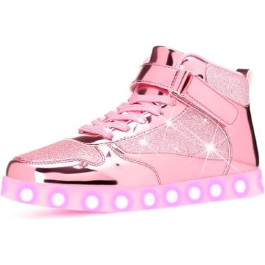 Imagem de APTESOL Tênis masculino feminino com acabamento metálico espelhado de cano alto com detalhes em glitter e alça ajustável, tênis de caminhada unissex da moda brilhante para uso casual e festa, Rosa com