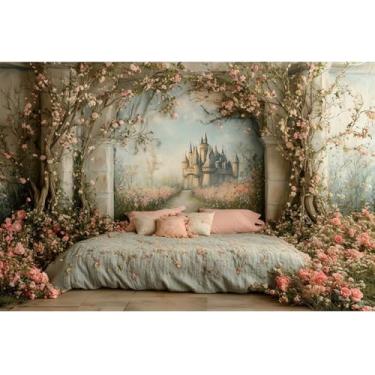 Imagem de YongFoto Cenário romântico de castelo de conto de fadas 3 x 2,4 m jardim arco floral sonhador ornamentado cama vintage fotografia fundo faixa de festa retratos quarto de princesa fotos papel de parede
