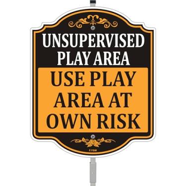Imagem de Área de jogos não supervisionada com placa de risco próprio para parquinhos de segurança 30,5 x 25,4 cm com 89 cm de comprimento, estaca de jardim de propriedade privada não responsável, com suporte