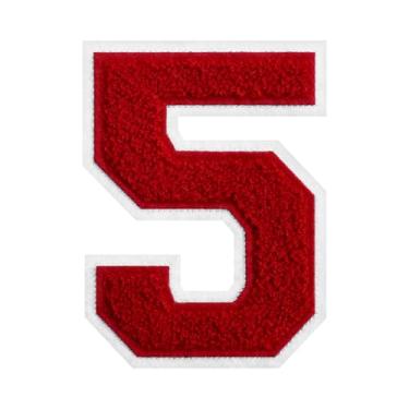 Imagem de Patch de chenille vermelho número 5 de chenille vermelho com borda branca para passar a ferro ou costurar para jaquetas Letterman uniformes de equipe, mochilas duráveis e resistentes ao desbotamento