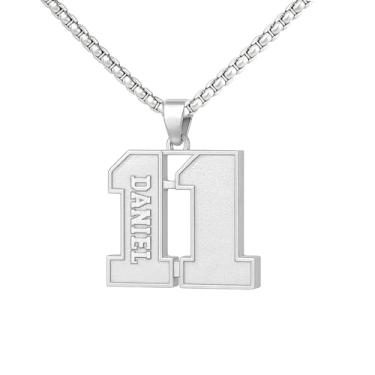 Imagem de Ldurian Colar com nome de número personalizado, pingente de corrente de número esportivo para homens, colares de nome de atletas personalizados 00-99 preto presente de aço inoxidável para homens