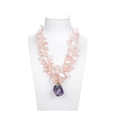 Imagem de URMIBDAI Colares femininos joias 30 x 44 mm quartzo rosa pedras geodo roxo ametista pingente colar