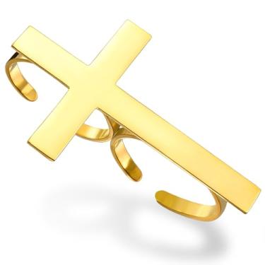 Imagem de VASSAGO Anel de cruz para mulheres e homens, aço inoxidável, ajustável, cruz, dois dedos, aliança delicada empilhável para casamento católico, religiosa, religiosa, amuleto, joias, presente de batismo