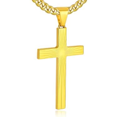 Imagem de Colar masculino de cruz, prata de aço inoxidável, preto, pingente de cruz dourada, presente masculino cristão, 22in, Aço inoxidável, Sem Pedra Preciosa