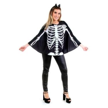 Imagem de Fantasia de Halloween Adulto Poncho Esqueleto Com Tiara