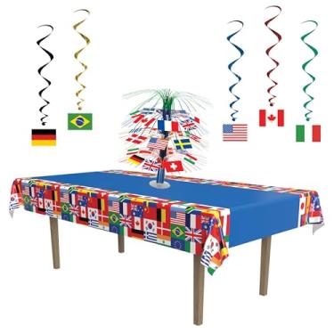 Imagem de Beistle Conjunto de decoração de festa internacional – toalha de mesa com bandeira, redemoinhos pendurados e peça central em cascata, decorações de celebração multicultural para eventos globais