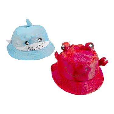 Imagem de Fun Express Chapéus infantis sortidos de poliéster em forma de tubarão e caranguejo - (pacote com 12) - Ideal para passeios de verão, dias na praia e festas na piscina, Cores sortidas, 22" Circ.