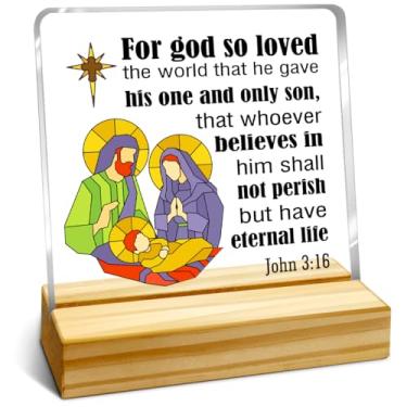 Imagem de Placa acrílica John 3:16, For God so Loved the World, decoração de mesa acrílica, versículos bíblicos inspiradores, placa de mesa para quarto, casa, com suporte de madeira, decoração religiosa de