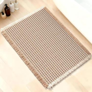 Imagem de ArtyCozy Tapete de banheiro waffle, super absorvente macio antiderrapante com suporte de cola quente de tecido plano para banheiro, tapetes de banho laváveis na máquina, 43 cm × 61 cm, marrom e branco