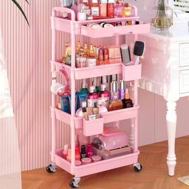 Imagem de Goovilla Carrinho organizador de maquiagem com gaveta removível, carrinho de armazenamento de cuidados com a pele com piso rosa estável de 4 camadas para penteadeira, exibição de cosméticos, esmalte
