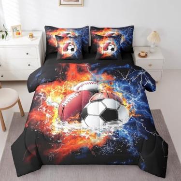 Imagem de Feelyou Jogo de cama de casal com edredom esportivo de beisebol, futebol americano, beisebol, 7 peças, ultramacio, decoração de quarto com futebol 3D, design de basquete