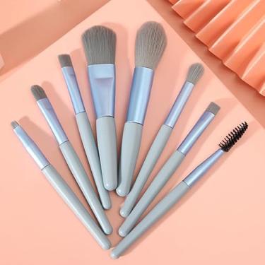 Imagem de 8 peças/conjunto de mini pincéis de maquiagem portátil para rosto, olhos, sombra, sobrancelha, base, lábios, escova profissional, 10-13 cm (azul)