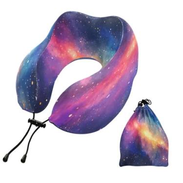 Imagem de CEBUGI Travesseiros de viagem portáteis em forma de U, travesseiro de pescoço de espuma viscoelástica com trava de corda ajustável para avião, viagem, trem, negócios, escritório, soneca (céu estrelado