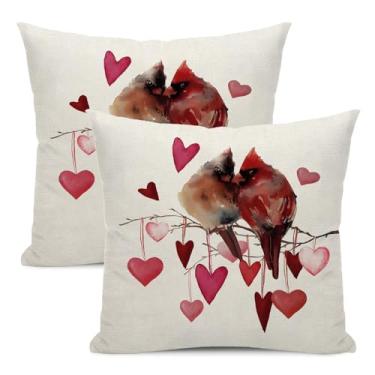 Imagem de OFIRD Capas de almofada para decoração de Dia dos Namorados 18 x 18 pacote com 2 capas de almofada de linho rosa vermelho coração amor pássaros dia das mães aniversário decoração presente de linho