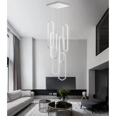 Imagem de Lustre moderno de 6 anéis com LED, dimerizável, luminária pendente ajustável, luminária de teto embutida para hall de entrada, sala de estar e escadas, cor prata, 200 cm