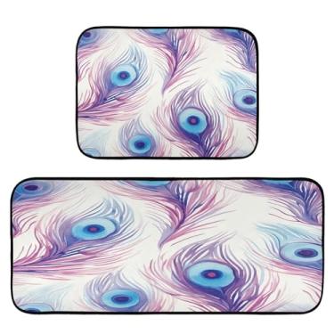 Imagem de Wassud Tapetes de cozinha de penas violeta para o chão, decoração de casa, tapetes de cozinha acolchoados, antifadiga, tapetes de cozinha, antiderrapante, lavável, itens essenciais, conjunto de 2