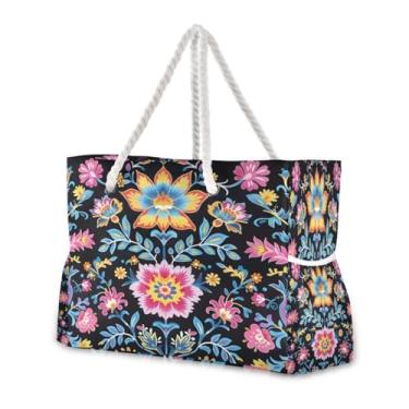 Imagem de Wassud Bolsa de praia colorida, floral, grande, para mulheres, impermeável, à prova de areia, bolsa de viagem com zíper e bolso para piscina, academia, acampamento
