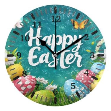 Imagem de CEBUGI Ovos de Páscoa coloridos relógio de parede operado a bateria relógios redondos silenciosos sem tique-taque relógios de parede para cozinha, banheiro, quarto, escritório, decoração 25,4 cm