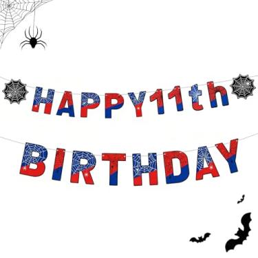 Imagem de Banner de feliz aniversário com tema de aranha – Decorações de festa de super-heróis para crianças, guirlanda de cartolina com glitter azul vermelho com teias de aranha, pano de fundo de aniversário