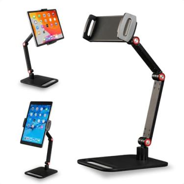 Imagem de Suporte de Mesa para Tablet com Base Giratória 360° em Alumínio Resistente com Pedestal e Braço Articulável Ajustável Dobrável e Retrátil na Vertical Compatibilidade Universal com Tablets (Preto)