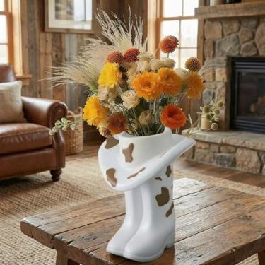 Imagem de Ninehaoou Vaso de bota de vaqueira marrom centro de mesa caixas em forma de bota decorações vaqueira ocidental decoração de casa vaso de realce country ocidental chapéu plantador para decoração de
