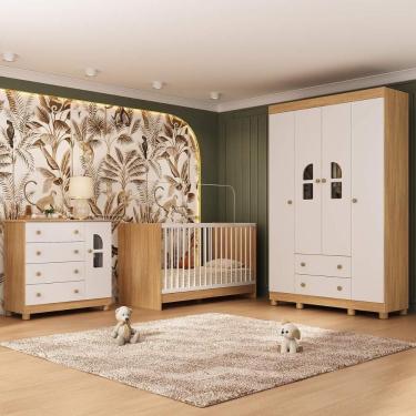 Imagem de Quarto De Bebê Completo Berço 3 Em 1 Para Colchão 130x60cm Nina Multimóveis MP4550 Madeirado-branco