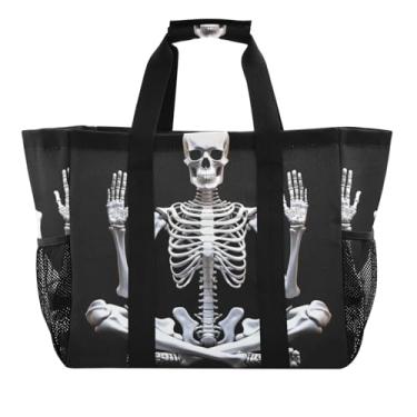 Imagem de ODAWA Sacolas de compras grandes à prova d'água à prova de areia para mulheres, bolsa sacola leve de verão com caveira sentada, Caveira sentada, One Size