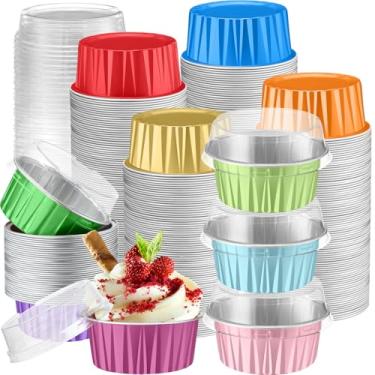 Imagem de Gandeer Pacote com 200 forros de cupcake de folha de alumínio com tampas, copo redondo de 142 g para festa de casamento, ramekin de torta descartável, recipiente para mini formas de bolo (cor mista