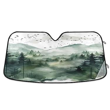 Imagem de Guarda-sol para para-brisa de carro floresta paisagem verde aquarela, bloqueador solar de para-brisa de carro, proteção UV dobrável para janela de carro
