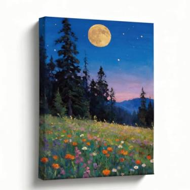 Imagem de Arte de parede de paisagem iluminada pela lua, pintura a óleo sobre tela de prado de flores silvestres sob lua cheia, céu noturno, floresta para decoração de parede de quarto, sala de estar, 20 x 25