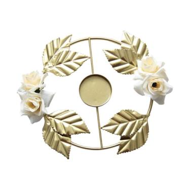Imagem de Suporte de vela de ferro rosa dourada com duas flores, suporte de metal decorativo com base redonda para mesa de centro de mesa de casa