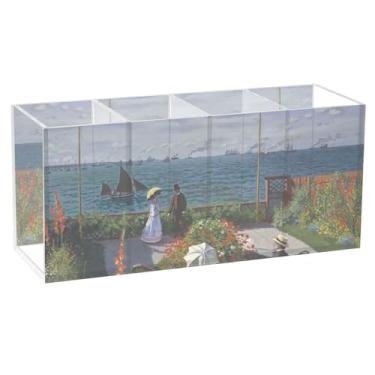Imagem de TSENQUE Lindo porta-canetas de mesa com estampa de Claude Monet Jardin à Sainte, acrílico para maquiagem, porta-pincéis, marcador, arte, caddie, material de escritório decorativo personalizado