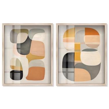 Imagem de Conjunto de 2 arte de parede de sala de estar com estampa abstrata de caixa de sombra, de ponto suave, por Art Remedy, moldura loira, 64 x 78 cm