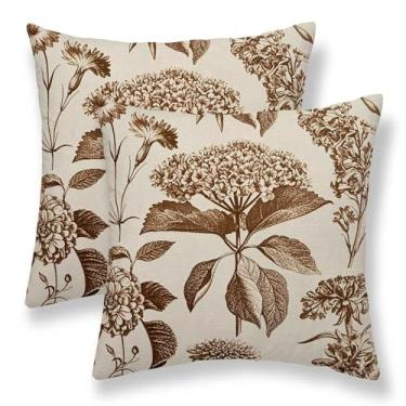 Imagem de Sunshineyan Capas de almofada florais marrons 45,7 x 45,7 cm, conjunto de 2 capas de almofada decorativas de hortênsia vintage de linho vintage para decoração de flores ao ar livre para sofá de casa
