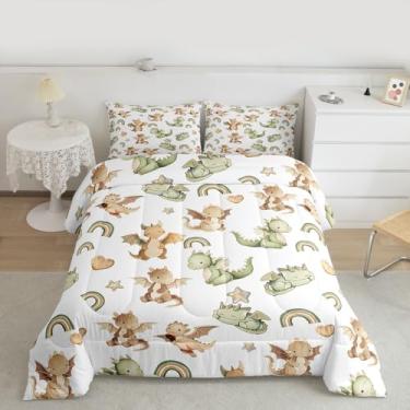 Imagem de Feelyou Jogo de cama fofo de dinossauro, macio para meninos e meninas, conjunto de edredom de dinossauro, solteiro, animal selvagem, arco-íris, 2 peças com 1 fronha
