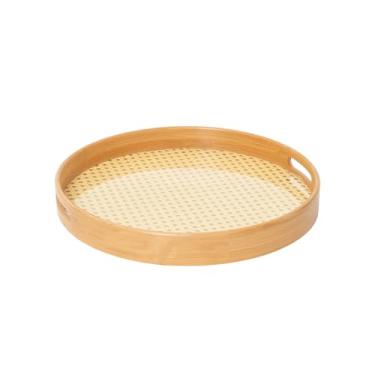 Imagem de JLKIMZVO Bandeja redonda de bambu de 30 cm com alças, tecida à mão - bandeja de madeira inspirada para cozinha e servir, ecológica - suporte para alimentos e bebidas