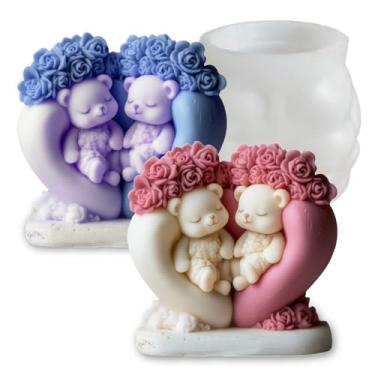 Imagem de Japleed Molde de vela de urso de casal de flores, moldes de silicone 3D para dia dos namorados, resina epóxi, concreto, vela de gesso, molde de cera de sabonete, molde exclusivo para fondant de bolo