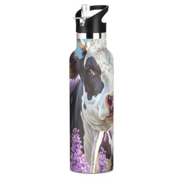 Imagem de Joisal Garrafa de água de vaca roxa com manchas pretas para meninas e adolescentes, garrafas de água isoladas à prova de vazamento, copos infantis de aço inoxidável com tampa de canudo para bebidas