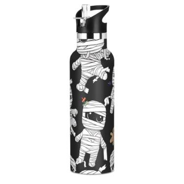 Imagem de Garrafa de água isolada de 590 ml com tampa e alça de palha, garrafa de água escolar à prova de vazamento para meninos, copos de viagem de aço inoxidável sem BPA para crianças, múmias fofas preto e