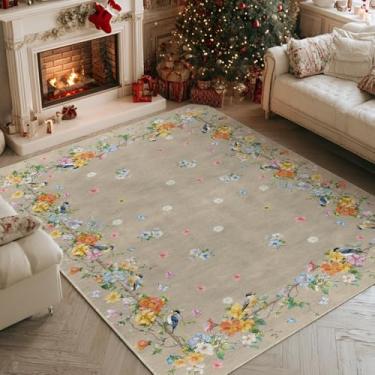 Imagem de Artoid Mode Tapete marrom com flor de pássaro, decoração de casa de verão, antiderrapante, lavável, tapete grande para sala de estar, quarto, fazenda, sala de jantar, sala de jogos, 1,2 x 1,8 m
