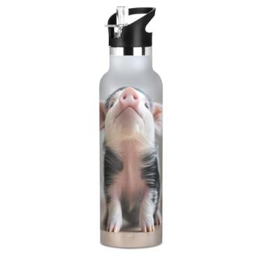 Imagem de Garrafa de água escolar com isolamento infantil, estampa de porco preto e rosa, 590 ml, garrafa de água a vácuo de parede dupla, copo de aço inoxidável, copo de viagem com tampa de canudo