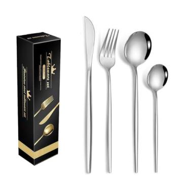 Imagem de Conjunto de Talheres 24 Peças Prata, Faqueiro em Aço Inoxidável Totalmente em Metal, Jogo Brilhante para Casa, Festas e Churrascos