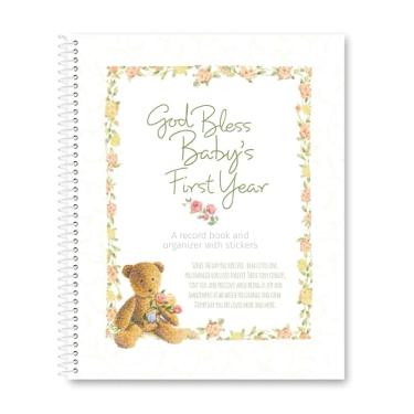 Imagem de Livro e organizador de memórias do primeiro ano do bebê God Bless – Diário cristão de marcos do bebê com adesivos, calendários mensais, árvore genealógica e bolsos de lembrança