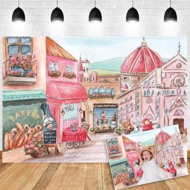 Imagem de OERJU Pano de fundo Bakery Shop Town Bakery Street View cenário de fotografia crianças meninas aniversário chá de bebê decoração de festa fotografia fundo bolo mesa banner foto cabine adereços 1,5 x
