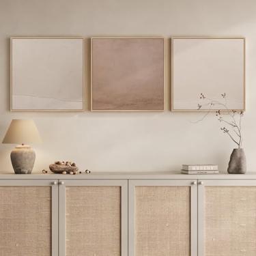 Imagem de Arte de parede abstrata minimalista emoldurada para sala de estar, 3 peças grandes e modernas em tela marrom bege para paredes, imagens em tons de terra neutra para quarto, sala de jantar, decoração